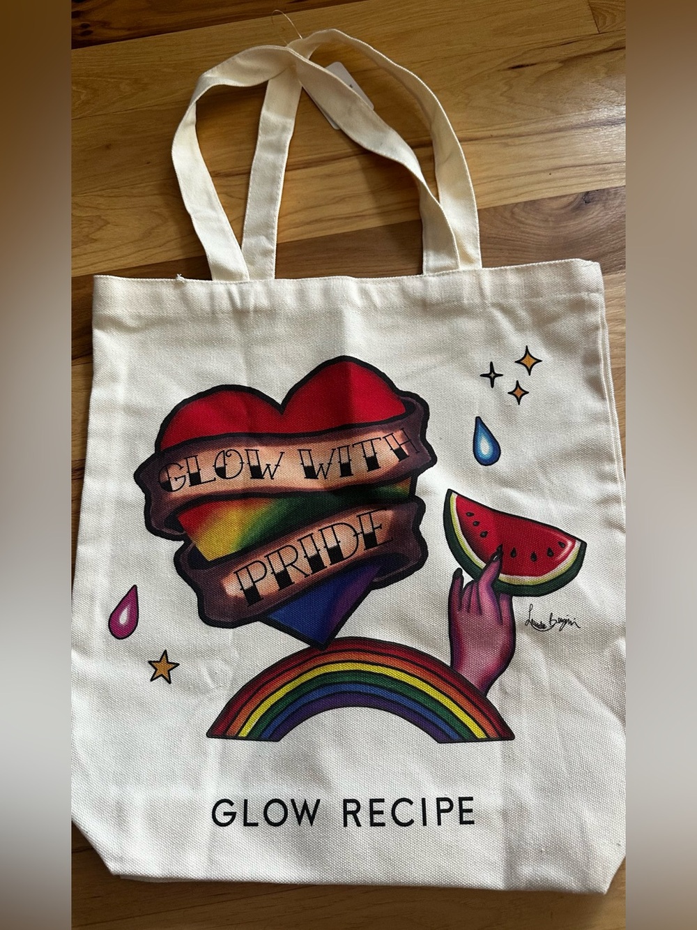 Glow Recipe Cream Canvas Tote with Rainbow Heart & Watermelon Graphic